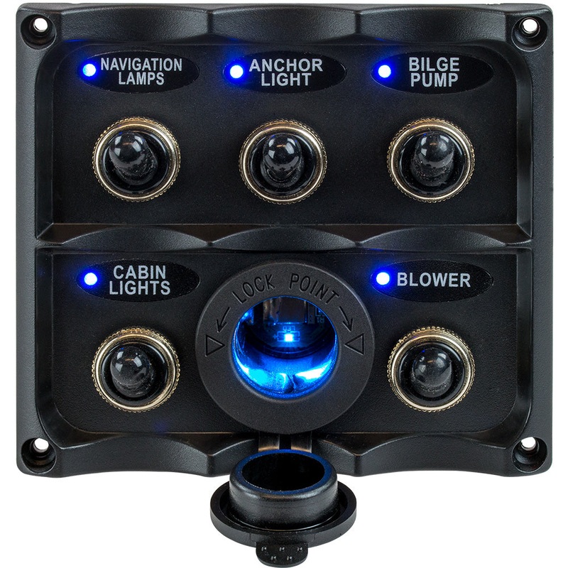 Sea-Dog Water Resistant Toggle Switch Panel w/LED Power Socket – 5 Toggle [424627-1]