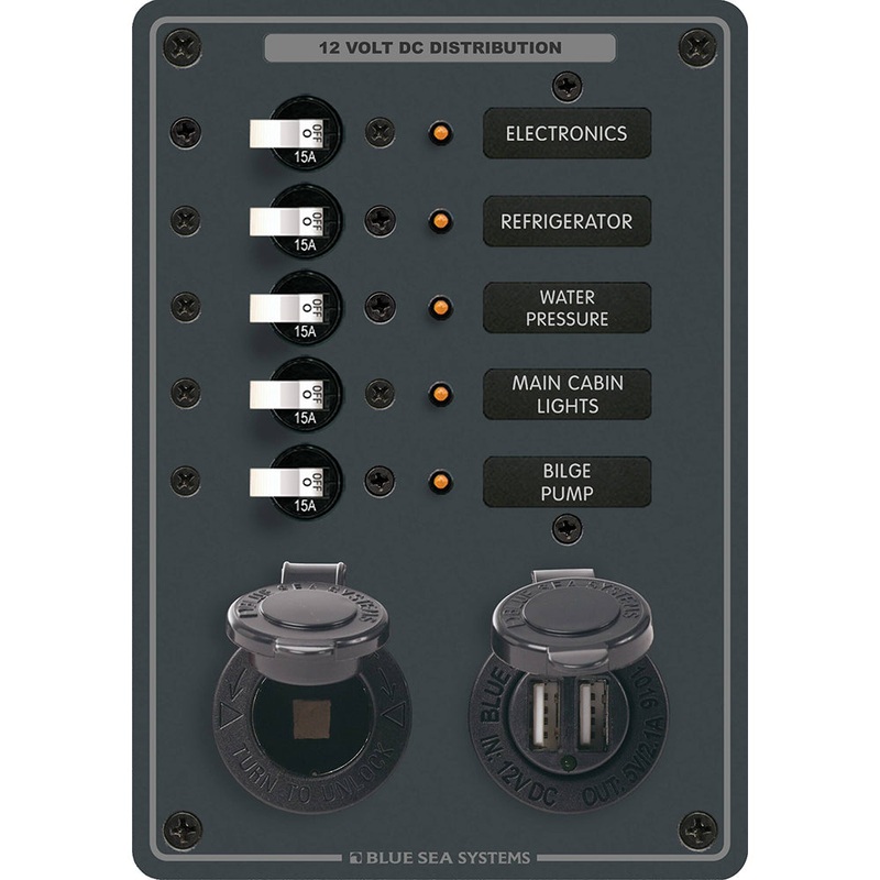 Blue Sea 8120 – 5 Position 12V Panel w/Dual USB  12V Socket [8120]