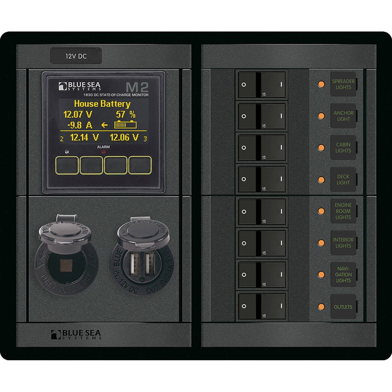 Blue Sea 1497 – 360 Panel – 8 Position 12V Flat Rocker M2 Multimeter w/SOC  Dual USB/12V Socket [1497]