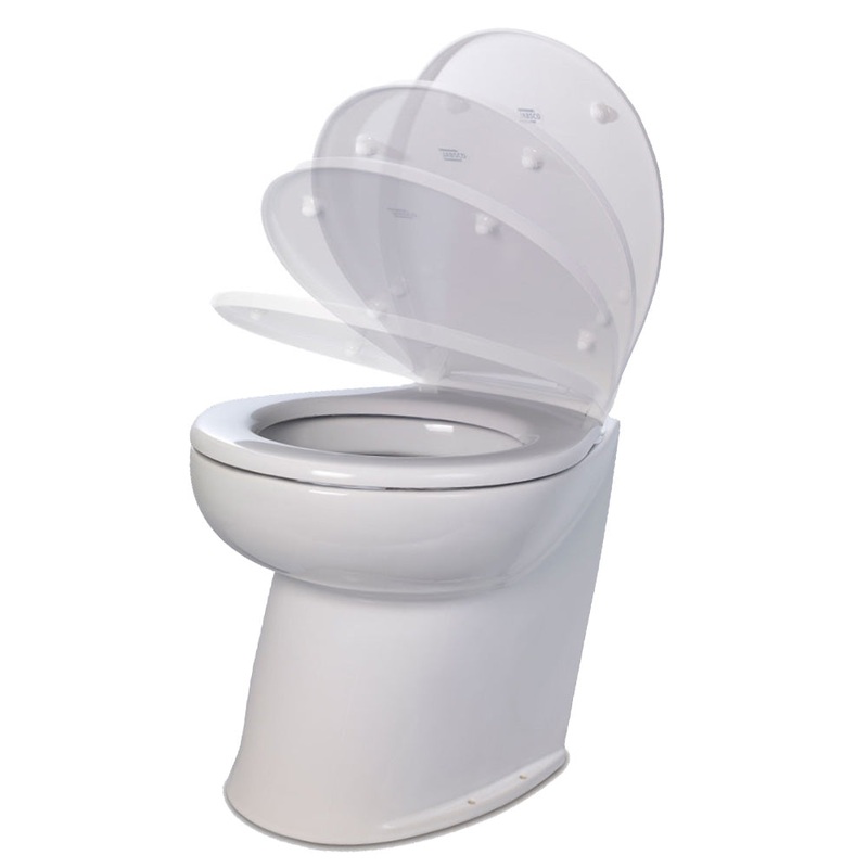 Jabsco Deluxe Flush 17″ Angled Back 24V Raw Water Electric Marine Toilet w/Remote Rinse Pump  Soft Close Lid [58220-3024]
