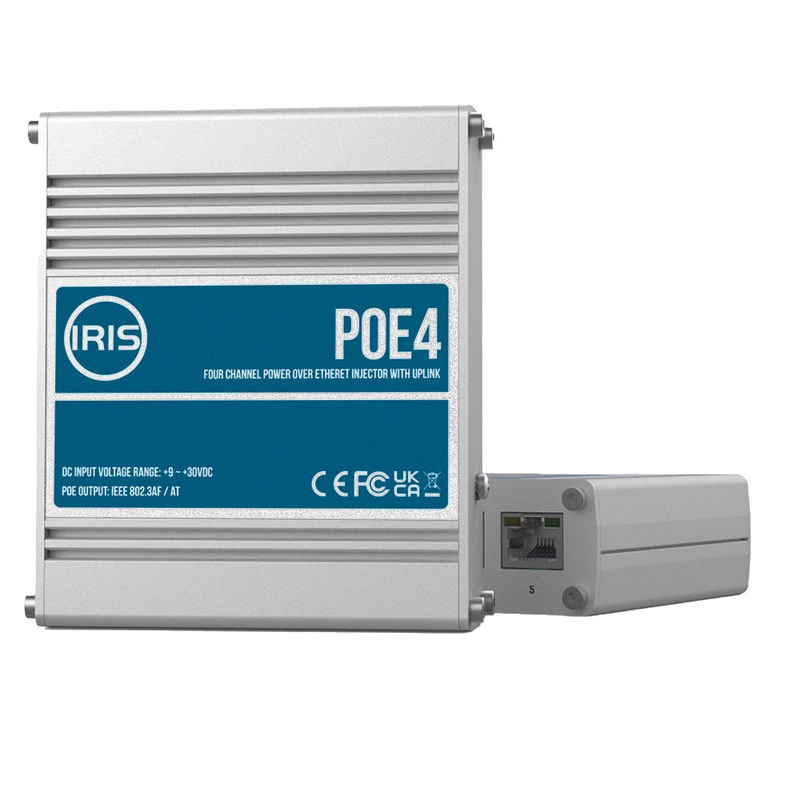 Iris Four Channel Uplink Power Over Ethernet Switch – IEEE802.3af  3at Compliant – 9-30VDC Input – 48VDC Output [POE4V2]