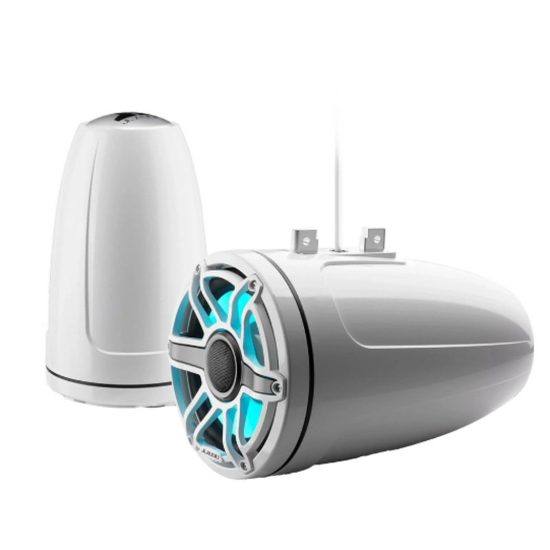 JL Audio M6 Series 8.8″ Enclosed Tower Coaxial System w/Gloss White Classic Grille & Transflective LED Lighting – M6-880ETXv3-Gw-S-GwGw-i