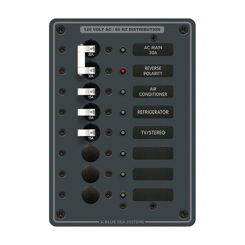 Blue Sea 8027 AC Main +6 Position Breaker Panel – White Switches [8027]
