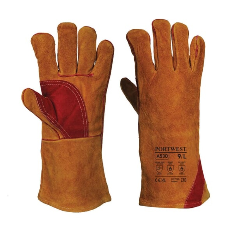 A530 – PORTWEST Welders Gloves 330 Split Leather Reinforced Palm Gauntlet Brown XL