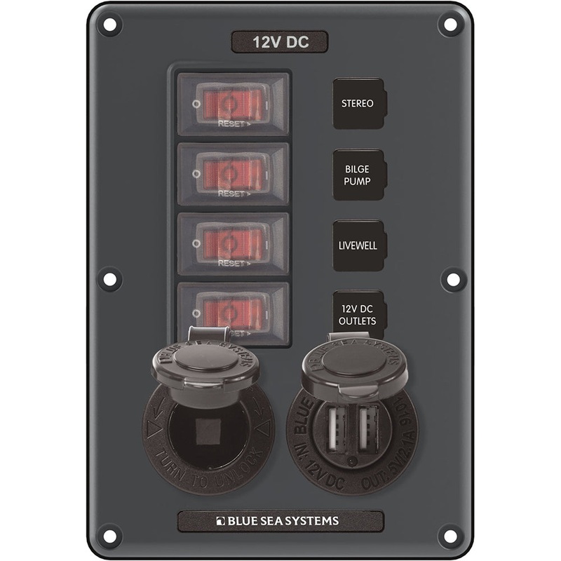Blue Sea 4321 Circuit Breaker Switch Panel 4 Position – Gray w/12V Socket  Dual USB [4321]
