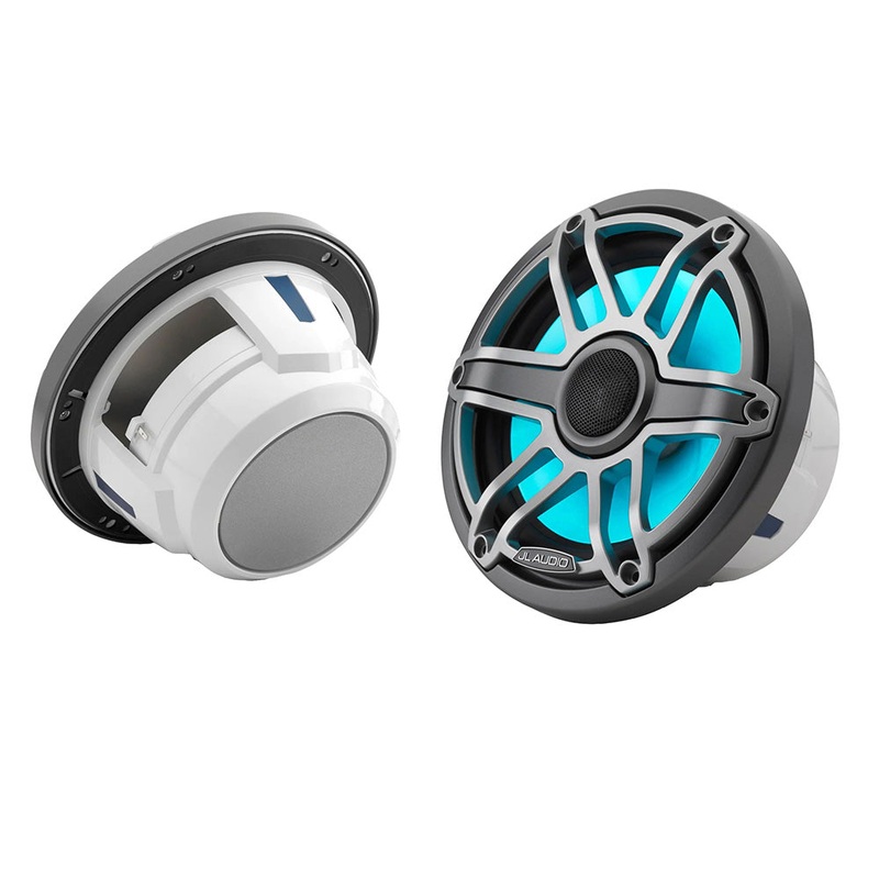 JL Audio M6 Series 7.7″ Marine Coaxial Speakers w/Grey Metallic Sport Grille  Transflective LED Lighting – M6-770X-S-GmTi-i [010-03076-00]